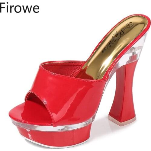Firowe Women PU Square Heel Slides Woman Shoes High Heels Sexy Modern Chunky Heel Summer Slipper Size 43 Womens Shoes 14CM