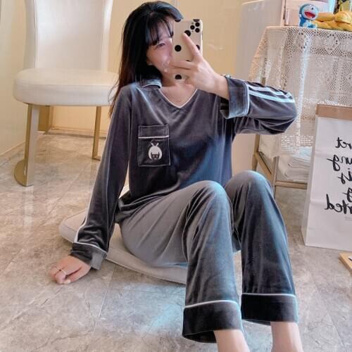 Foply Autumn Winter Gold Velvet V-neck Pajama Sets Women Long Sleeve Sleepwear Suit Pyjama Homewear Pijama Mujer Home Clothes