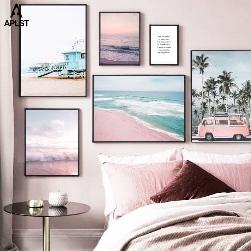 Pink Sea Beach View Prints Coconut Tree Bus Canvas Painting Inspirational Words Quotes Poster Modern Wall Art Picture Home Decor