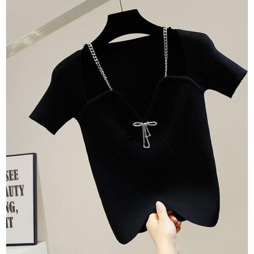 Summer Knitwear Diamond-Embedded Bow Metal Chain Low V-neck Slim-Fit Skinny Stretch Knit T Shirts Lady Chic Top Female Clothes