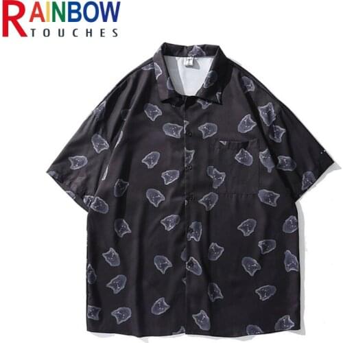 Rainbowtouches New Style Mens Shirt Hip Hop Punk A Black Cat Pattern Tops Shirt Popular Loose Comfortable Short Shirt Men