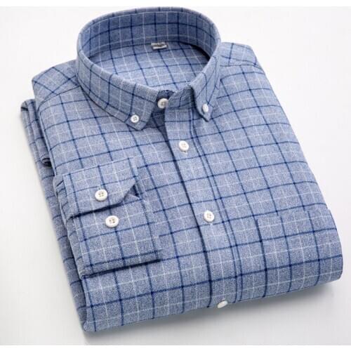 New Mens Plaid Shirts Long Sleeve Regular Fit Sanded Fabric Checkered Shirts for Male Casual