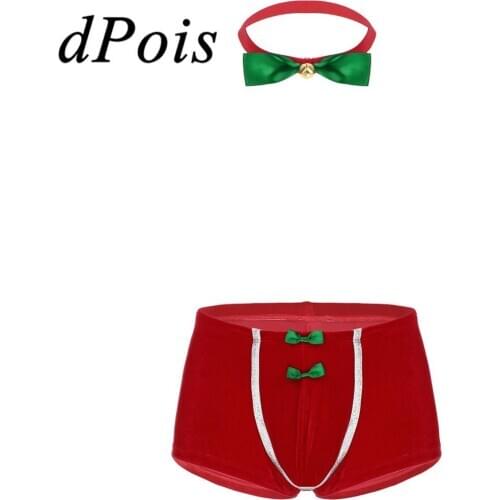 Mens Soft Velvet Christmas Holiday Fancy Cosplay Costume Hommes Mid Rise Front Bulge Pouch Boxer Shorts Underwear with Bowtie