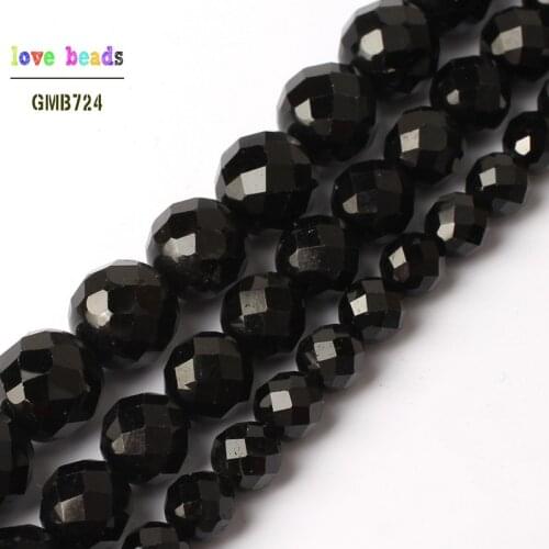 Natural Genuine Faceted Black Tourmaline Stone Round Loose Beads for Jewelry Making Diy Bracelet Necklace 15'' 6mm 8mm 10mm