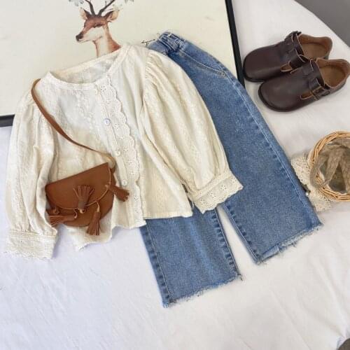 2021 New Girls Clothes Embroidery Shirt Single Breast Kids Blouse Lace Base Tops