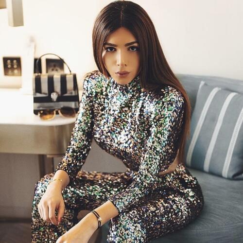 New Wave Multicolor Sequin 2 Piece Mock Neck Pants Set Three Quarter Sleeve Crop Top Long Leg Feminine Bodycon Women Pants