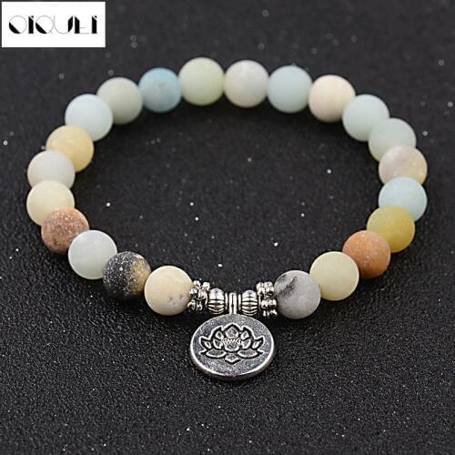 OIQUEI Charm Amazonite Stone Strand Bracelets For Women Men Fashion Angel Wing Lotus Buddha Chakra Mala OM Lotus Bracelet Femme