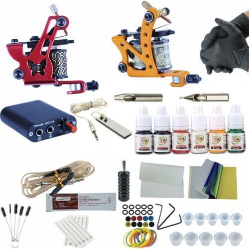 Complete Tattoo Machine Kit Set 2 Coils Guns 6 Colors inks Pigment Sets Power Tattoo Beginner Grips Kits Permanent Makeup