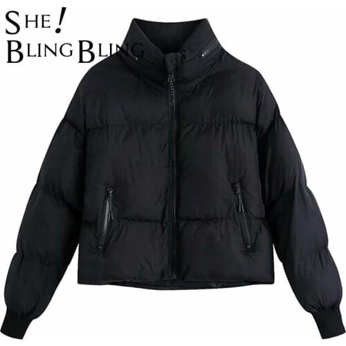 SheBlingBling Za Woman 2021 Casual Winter Warm Fashion Stand Collar Zipper Jackets Quilted Black Padded Coats Crop Traf Parkas