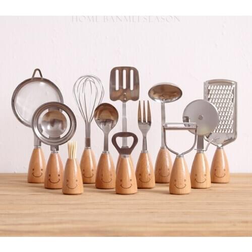Creative Smiley Face Cooking Tools Wooden Handle Stainless Steel Fork Egg Divider Whisker Opener Cooking Kitchen Tools