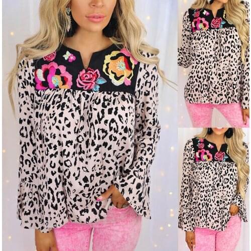 2021 Summer Fashion Womens Clothing Personality Leopard Print Stitching Long-sleeved Pullover T-shirt Casual Loose T-shirt Top