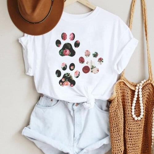 Women Floral Dog Paw Animal Pet Love Ladies Trend Cartoon Summer Lady Print Tee Graphic T Top Female Tshirts Clothes T-Shirt