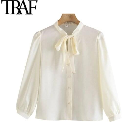 TRAF Women Fashion Faux Pearl Buttons Cozy Blouses Vintage Bow Tied Collar Three Quarter Sleeve Female Shirts Chic Tops