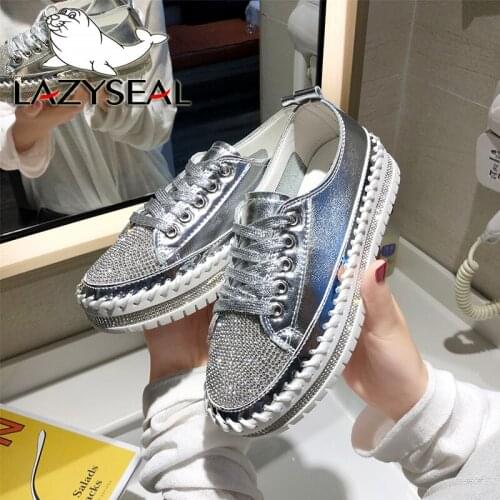 LazySeal 2021New Big Size 43 Crystals Diamonds Women Flats Bling Flat Platform Shoes Rhinestone Ladies Round Lace-up Shoes