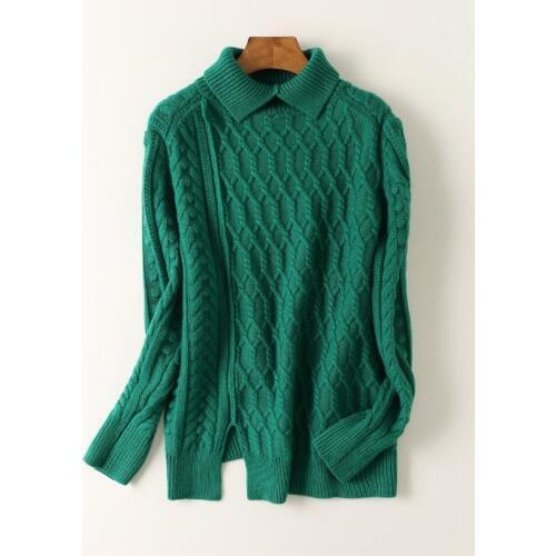 100%cashmere thick twisted kint women high collar pullover sweater coat wide loose open hem irregular length emerald color S/M