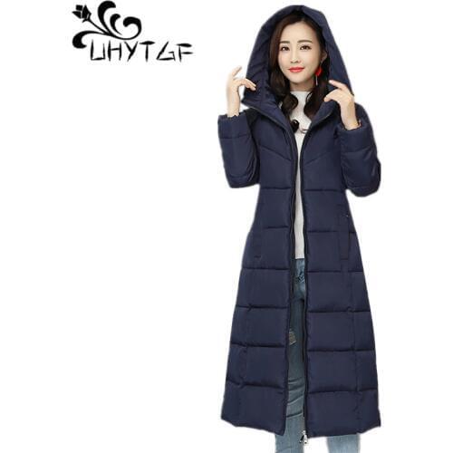 UHYTGF Womens Down Jacket Winter warm Thick Coats Female Down cotton Coats 6XL Plus Size Hooded Parka Women cotton Outwear X483
