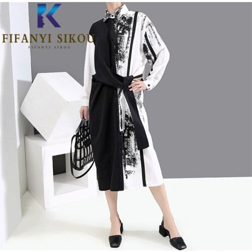 2021 Spring Autumn Women Dress Lace Up Fashion Pirnt Patchwork Shirt Dress Ladies Lapel Long Sleeve Spliced Midi Long Dress