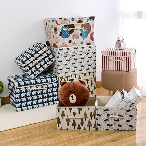 2pcs Folding Cotton Linen Storage Box with Cap Clothes Socks Toy Snacks Sundries Organizer Set Fabric Boxes Cosmetics Household