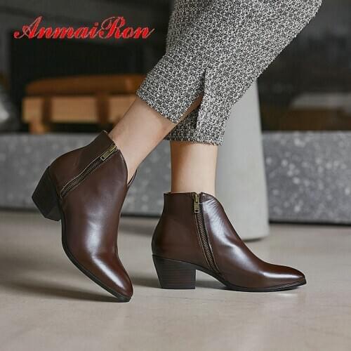 ANMAIRON 2020 Genuine Leather Ankle Boots for Women Basic Round Toe Spike Heels Boots Women Zip Short Plush Black Boots 34-39