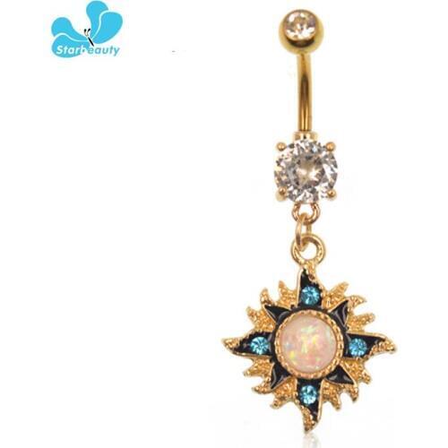 White Nature Opal Dangle Navel Belly Rings Gold Sun Sexy Body Jewelry Women Girls Belly Button Rings Blue CZ Summer Bijoux