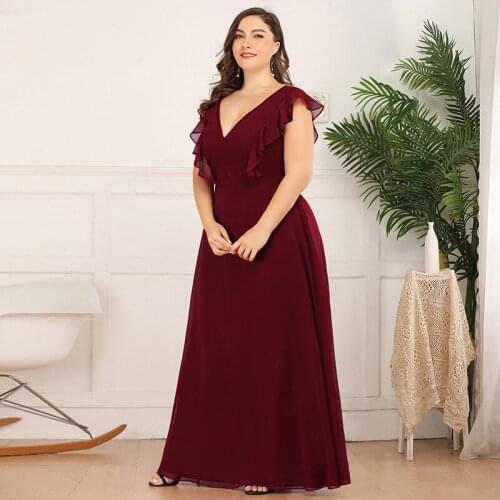 Burgundy Deep V-Neck Evening Dress Backless Short Sleeves Pleat A-Line Simple New Floor-Length Plus Size Women Formal Gowns D947
