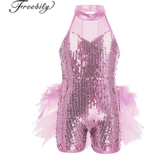 Kids Girls Dance Costume Sequins Latin Ballet Dance CLothing Mock Neck Back Ruffled Gymanstics Leotard Jumpsuit Dance Wear