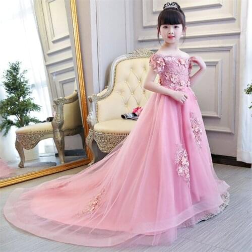 Children Kids Luxury Korean Sweet Sleeveless Pink Birthday Wedding Party Lace Dress Girls Elegant Piano Communication Mesh Dress