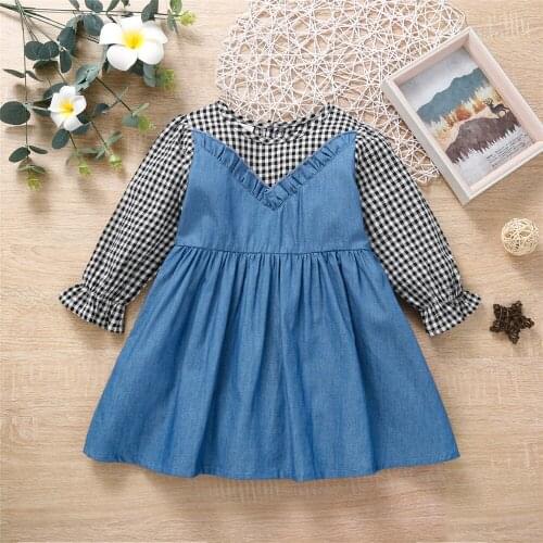 Toddler Autumn Baby Girl Fake Two Pieces Patchwork Long Sleeve Dress Kids Cute Floral Plaid High Waist A-Line Dress 1-5 Years