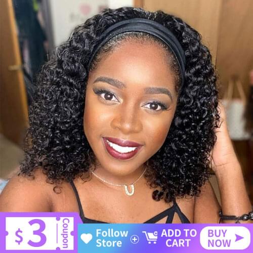 Headband Wig Human Hair Curly Headband Wigs for Black Women 150% Density Brazilian Remy Human Hair Headband Wig Natural Black