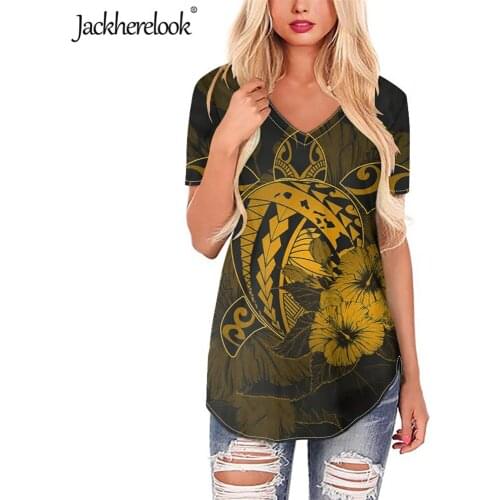 Jackherelook Vintage Woman Blouse Polynesian Tribal Turtle Hibiscus Print Harajuku Tops Shirts for Ladies Short Sleeve Clothing