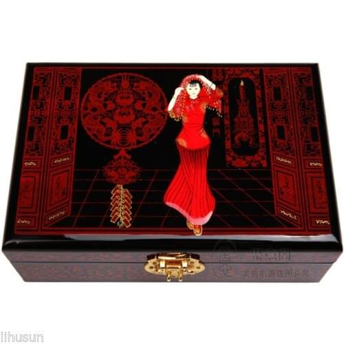 Chinese Handmade Classic Wooden Lacquerware&Embroidery Bride 2 Layer Jewelry Box