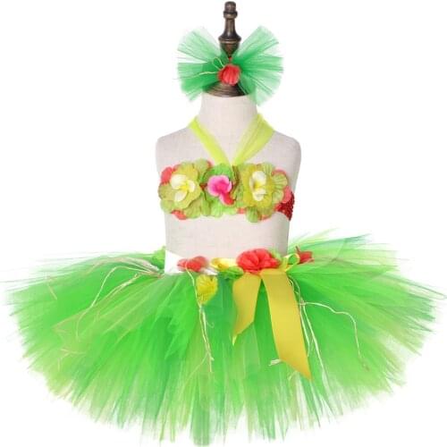 Luau Hawaiian Grass Hula Tutu Skirt Set Flower Baby Girls Clothing Set 3pcs Kids Halloween Pool Party Birthday Tutu Outfit 1-8Y