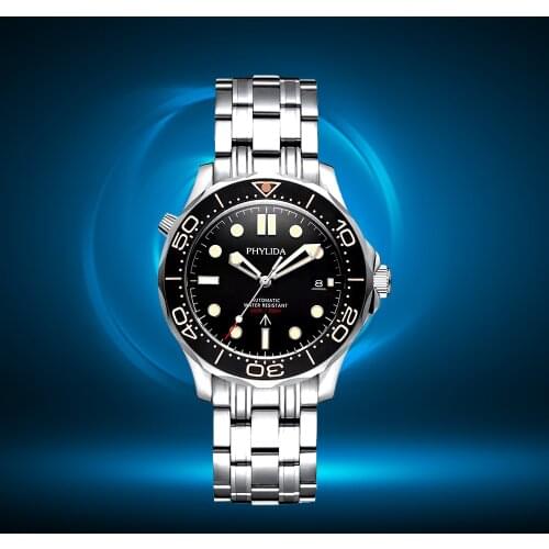 PHYLIDA 20bar Black Dial Sapphire Solid Crystal, Automatic Smartwatch Mens Sports Style Diving Watch Waterproof Miyota pt5000