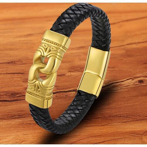 Charm Magnet Buckle Braided Rope Stainless Steel Black Leather Men Bracelet Chain Bangles Hand wrist Jewelry