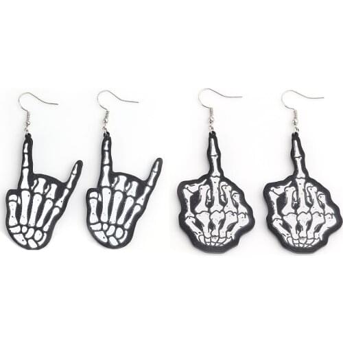 New Halloween Funny Acrylic Hand Skull Skeleton Dangle Earrings for Women Girls Print Hanging Long Earrings Punk Party Jewelry