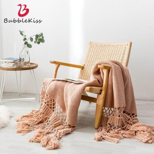 Bubble Kiss Solid Color Tassel Design Throw Blanket Wearable Home Sofa Knitted Blanket Office Siesta Travel Portable Blanket