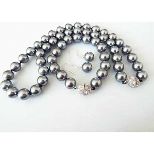 Wholesale 10mm grey natural shell pearl fashion bracelet earring necklace set