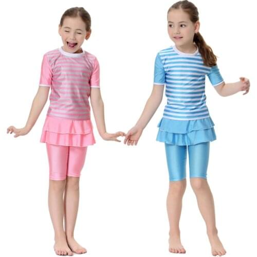 Girls Striped Halter Two-Piece Swimsuit Bathing Set Kids Muslim Baby Swimwears Bathing Suit Children Modest Burkinis