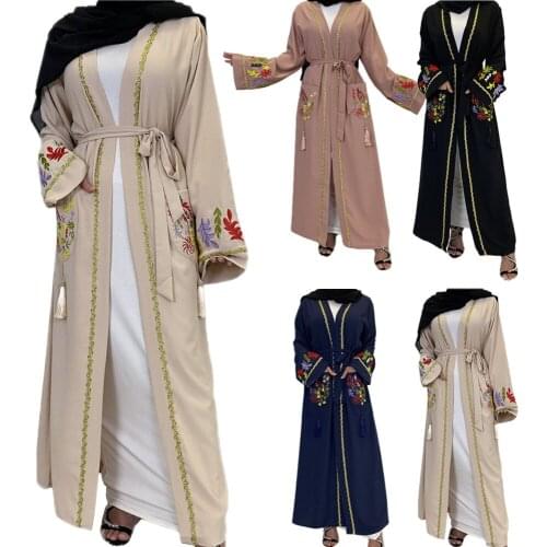 Ramadan Muslim Women Long Abaya Islamic Arabic Kaftan Embroidery Ethnic Open Kimono Middle East Dubai Turkish Cardigan With Belt