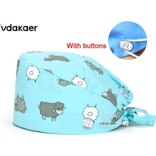 Multicolor Cartoon animal printing scrubs hats Beautician caps buttons adjustable pet store work hats beauty salon cotton caps