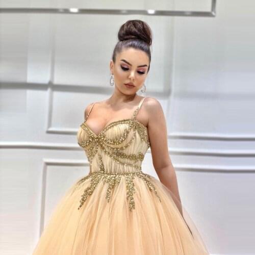 Luxury Gold Tulle Prom Dresses Arabic Style With Straps Backless Appliques Beaded Long Evening Gowns For Pageant