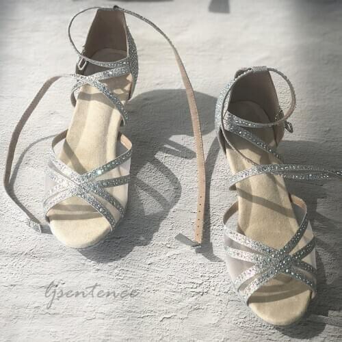 Silver Latin Dance Shoes Two Strap Ballroom Dancing Woman Flash Cloth Collocation Shine Rhinestone Womens 9cm Flare Square Heel