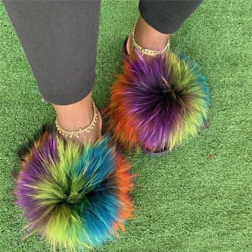 Women Real Fox Slippers Summer Colorful Plush Slides Female Fashion Fluffy Sandals Ladies Casual Furry Flip Flops Big Size Shoes