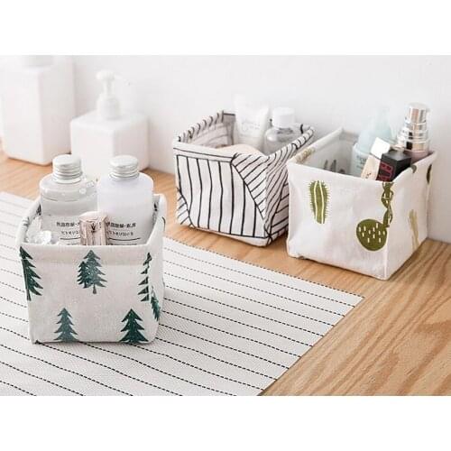 Foldable Sundries Storage basket Cute Printing Cosmetics Container Multifunction Cotton Linen Storage Basket Desktop organizer