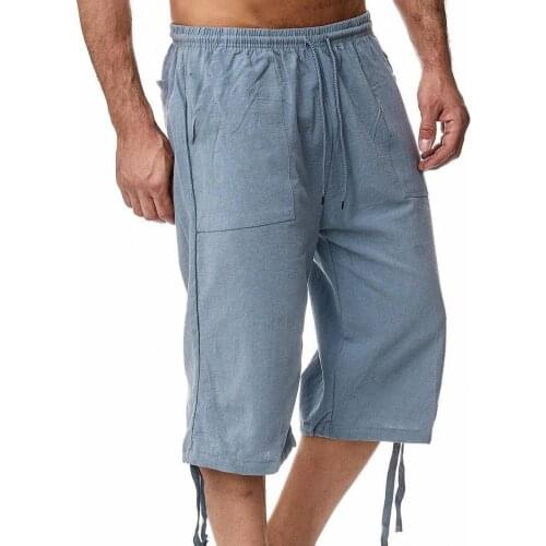 2021 New Men Cropped Trousers Fashion Summer Pants Casual Solid Drawstring Pants Elastic Waist Trousers Cotton Line Mens Pants