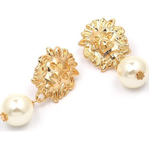 Vintage Lion Head Pearl Drop Earrings for Women Trendy Gold Lion Head Big Dangle Earring Metal Baroque Ear Fashion Jewelry 2019