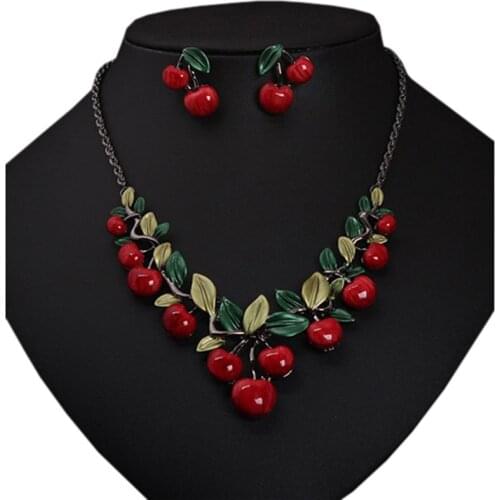 Vintage Cherry Pendants Necklace Earrings Set for Women Antique Color Retro Jewelry Set Necklace & Earrings Party Gift