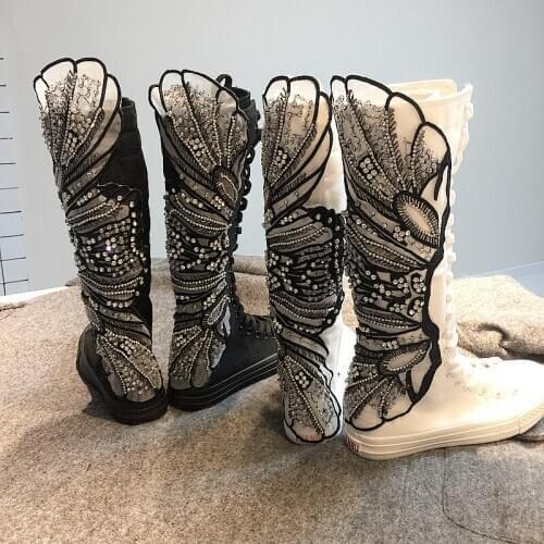 Koovan Womens Boots 2020 Butterfly Crystal Boots Hight Top Handmade Canvas Shoes Zipper Girls Stage Performance Boot For Women