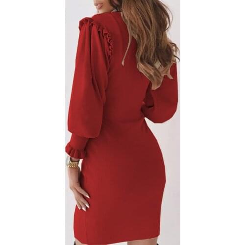 Spring Autumn Fashion Womens Pure Color Round Collar And Long Ruffle Sleeves Slim Sexy Dress Party Daily Breathable Mini Dress