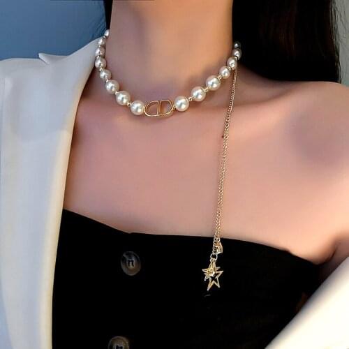 Exaggerated design sense of five-pointed star pearl necklace personality temperament contracted choker neck chain female